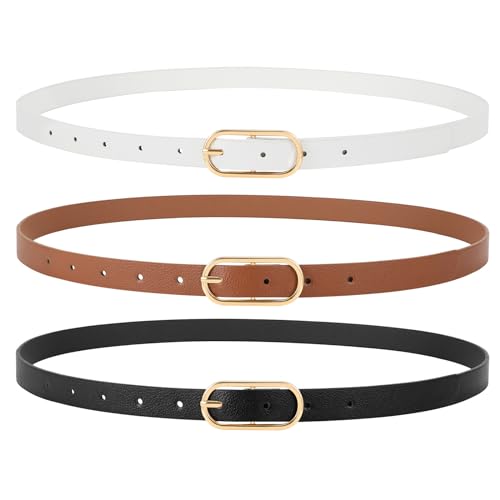 JasGood 3 Stück Damen Skinny Leder Gürtel für Kleid Hosen Jeans Damen Dünne Taille Gürtel mit Gold Schnalle,Schwarz+Braun+Weiß von JasGood