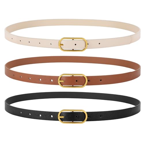 JasGood 3 Stück Damen Skinny Leder Gürtel für Kleid Hosen Jeans Damen Dünne Taille Gürtel mit Retro Goldschnalle,Schwarz+Braun+Beige von JasGood