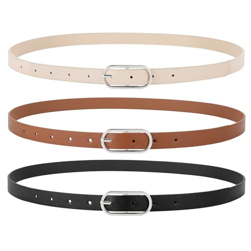 JasGood 3 Stück Damen Skinny Leder Gürtel für Kleid Hosen Jeans Damen Dünne Taille Gürtel mit Silberne Schnalle,Schwarz+Braun+Beige von JasGood