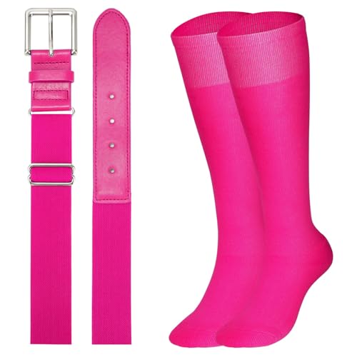 JasGood Baseball Socken und Gürtel Kombi Set Atmungsaktive Herren Sportsocken Kniestrümpfe und Verstellbarer Elastischer Softball Gürtel für Jugendliche Erwachsene Herren Damen,Rosenrot,Erwachsene von JasGood