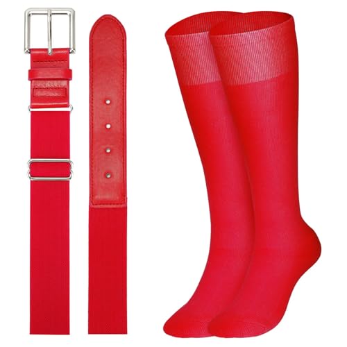 JasGood Baseball Socken und Gürtel Kombi Set Atmungsaktive Herren Sportsocken Kniestrümpfe und Verstellbarer Elastischer Softball Gürtel für Jugendliche Erwachsene Herren Damen,Rot,Erwachsene von JasGood