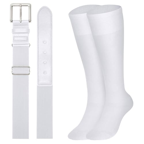 JasGood Baseball Socken und Gürtel Kombi Set Atmungsaktive Herren Sportsocken Kniestrümpfe und Verstellbarer Elastischer Softball Gürtel für Jugendliche Erwachsene Herren Damen,Weiß,Jugendliche von JasGood