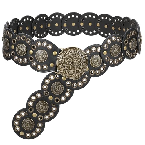 JasGood Breite Scheibengürtel für Damen Leder Aushöhlen Runde Gürtel Western Cowgirl Gürtel Damen Concho Vintage Boho Disc Ledergürtel Verstellbare Taillengürtel für Kleider,Schwarz,105cm von JasGood