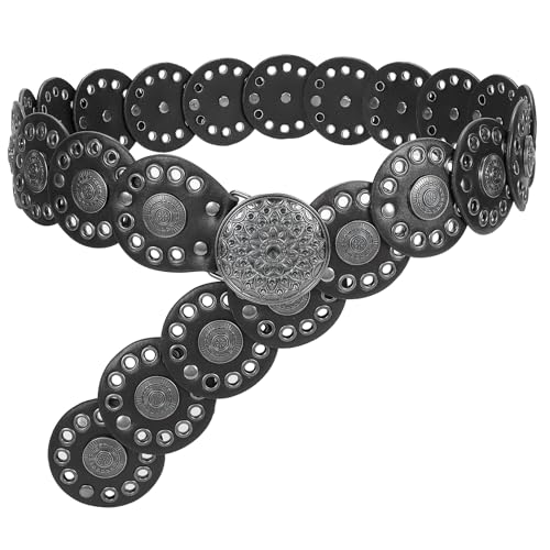 JasGood Breite Scheibengürtel für Damen Leder Aushöhlen Runde Gürtel Western Cowgirl Gürtel Damen Concho Vintage Boho Disc Ledergürtel Verstellbare Taillengürtel für Kleider,Schwarz,125cm von JasGood