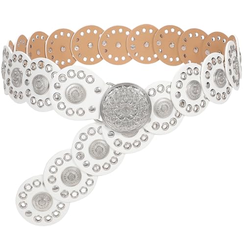 JasGood Breite Scheibengürtel für Damen Leder Aushöhlen Runde Gürtel Western Cowgirl Gürtel Damen Concho Vintage Boho Disc Ledergürtel Verstellbare Taillengürtel für Kleider,Weiß,105cm von JasGood