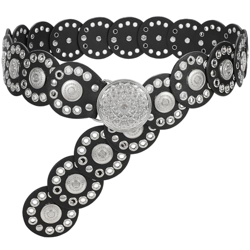 JasGood Breite Scheibengürtel für Damen Leder Aushöhlen Runde Gürtel Western Cowgirl Gürtel Damen Concho Vintage Boho Disc Ledergürtel Verstellbare Taillengürtel für Kleider,Schwarz,105cm von JasGood