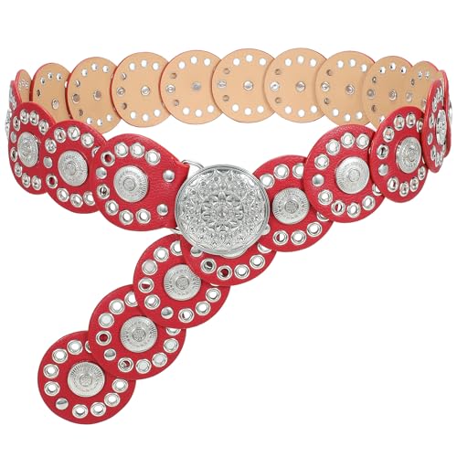JasGood Breite Scheibengürtel für Damen Leder Aushöhlen Runde Gürtel Western Cowgirl Gürtel Damen Concho Vintage Boho Disc Ledergürtel Verstellbare Taillengürtel für Kleider,Rot,125cm von JasGood