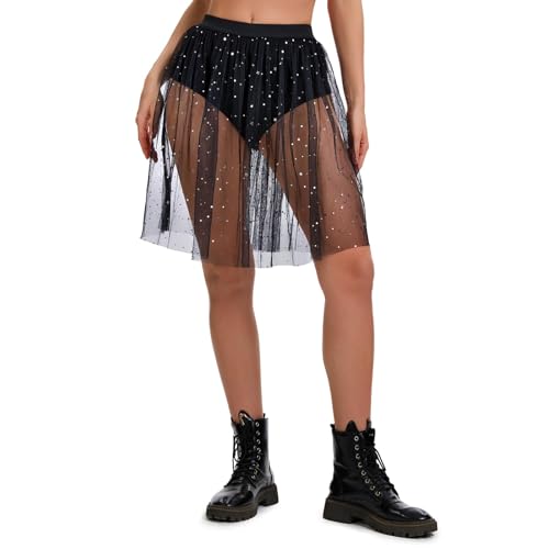 JasGood Damen 2 in 1 Transparent Mesh Rock,Schwarz Pailletten Tüllrock Mit Shorts Glitzer High Waist Maxirock für Streetwear Clubwear und Musikfestivals von JasGood
