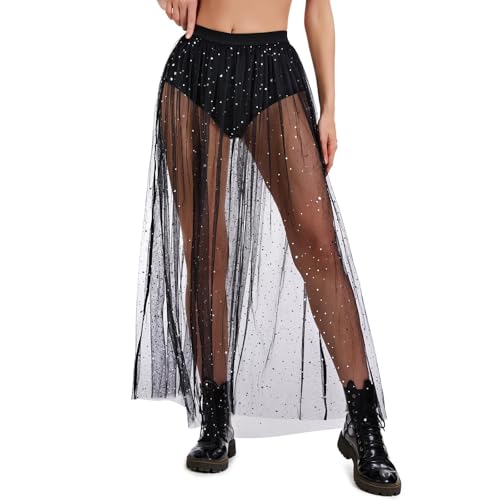 JasGood Damen 2 in 1 Transparent Mesh Rock,Schwarz Pailletten Tüllrock Mit Shorts Glitzer High Waist Maxirock für Streetwear Clubwear und Musikfestivals von JasGood