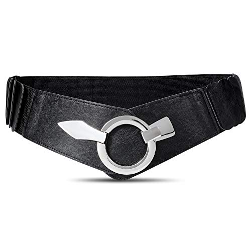 JasGood Damen Breiter Elastischer Taillengürtel, Mode Vintage Hüftgürtel mit Silberner Ring-Schließe, Schwarz, M von JasGood