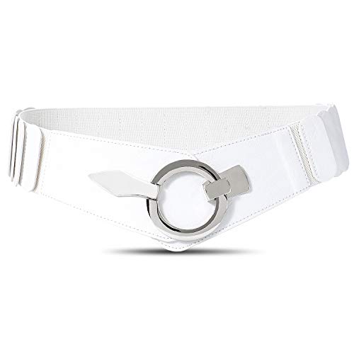 JasGood Damen Breiter Elastischer Taillengürtel, Mode Vintage Hüftgürtel mit Silberner Ring-Schließe, Weiß, L von JasGood
