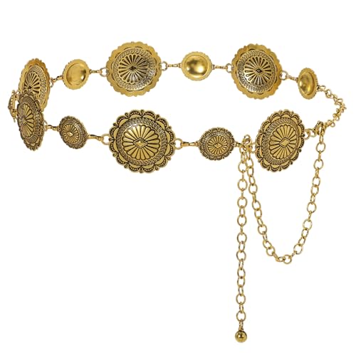 JasGood Damen Concho Taillenkettengürtel Mode Kettengürtel Taillenkette Taillengürtel Verstellbarer Metall Gürtel Gold Damen Western Cowgirl Gürtel für Kleider,Antikgold,130cm von JasGood