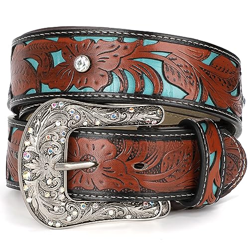 JasGood Damen Herren Western Ledergürtel Vintage Gürtel Gravierter Cowboy Cowgirl Landgürtel mit Retro Schnalle für Jeans Hosen Kleider,Kaffee,130cm(Passt Taillenumfang 106cm-120cm) von JasGood