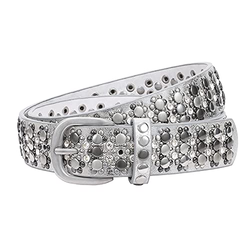 JasGood Damen Nieten Gürtel Funkelnden Strass Nieten Western Ledergürtel für Jeans Hosen, Silber, 125cm(Passt Taille 91-105cm) JasGood Damen Nieten Gürtel Funkelnden Strass Nieten Western Ledergürtel für Jeans Hosen, Silber, 125cm(Passt Taille 91-105cm) von JasGood