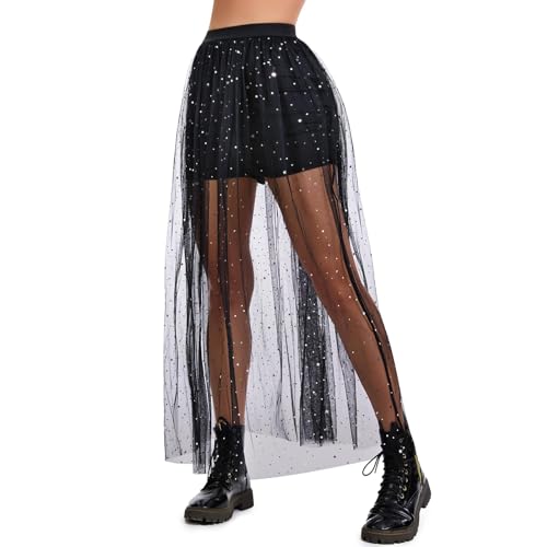 JasGood Damen 2 in 1 Transparent Mesh Rock,Schwarz Pailletten Tüllrock Mit Shorts Glitzer High Waist Maxirock für Streetwear Clubwear und Musikfestivals von JasGood