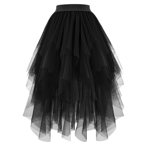 JasGood Damen Tüllrock High Low Layered Unregelmäßig Tüll Rock Damen A-Linie Midirock Ballett Tutu Abschlussball Karneval Party Rock,Black,S von JasGood