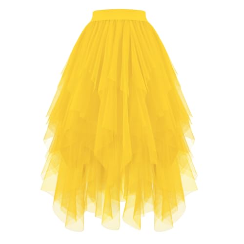 JasGood Damen Tüllrock High Low Layered Unregelmäßig Tüll Rock Damen A-Linie Midirock Ballett Tutu Abschlussball Karneval Party Rock,Gelb,XL von JasGood