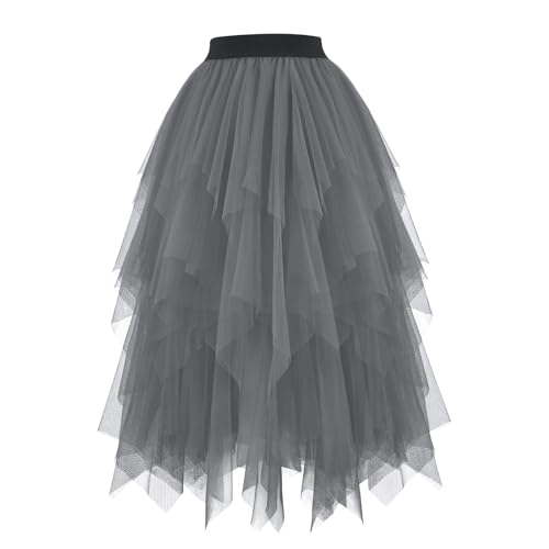 JasGood Damen Tüllrock High Low Layered Unregelmäßig Tüll Rock Damen A-Linie Midirock Ballett Tutu Abschlussball Karneval Party Rock,Grau,L von JasGood
