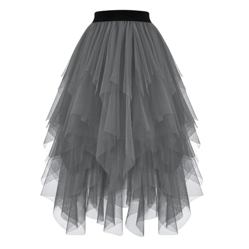 JasGood Damen Tüllrock High Low Layered Unregelmäßig Tüll Rock Damen A-Linie Midirock Ballett Tutu Abschlussball Karneval Party Rock,Grau,M von JasGood