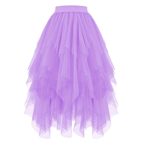 JasGood Damen Tüllrock High Low Layered Unregelmäßig Tüll Rock Damen A-Linie Midirock Ballett Tutu Abschlussball Karneval Party Rock,Hellviolett,XL von JasGood