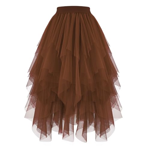 JasGood Damen Tüllrock High Low Layered Unregelmäßig Tüll Rock Damen A-Linie Midirock Ballett Tutu Abschlussball Karneval Party Rock,Kaffee,XL von JasGood