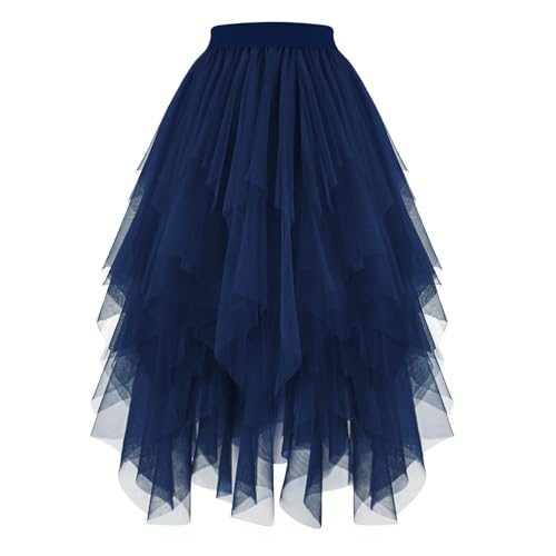 JasGood Damen Tüllrock High Low Layered Unregelmäßig Tüll Rock Damen A-Linie Midirock Ballett Tutu Abschlussball Karneval Party Rock,Marineblau,M von JasGood
