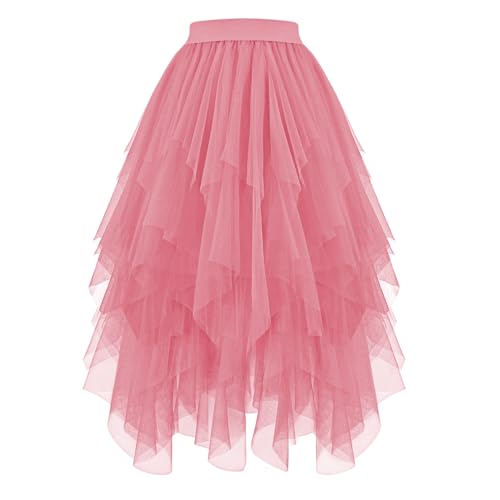 JasGood Damen Tüllrock High Low Layered Unregelmäßig Tüll Rock Damen A-Linie Midirock Ballett Tutu Abschlussball Karneval Party Rock,Rosa,XL von JasGood