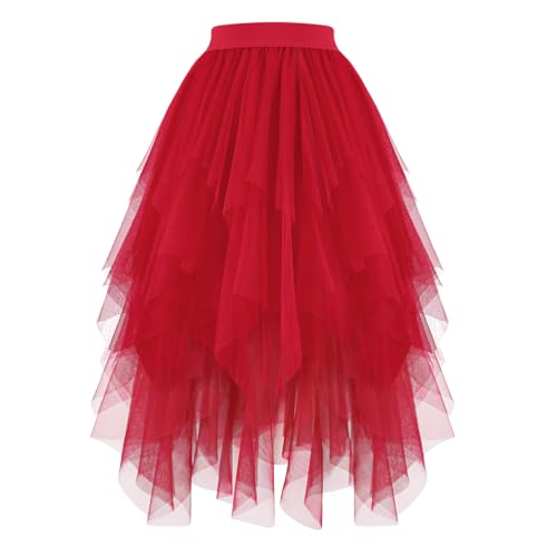 JasGood Damen Tüllrock High Low Layered Unregelmäßig Tüll Rock Damen A-Linie Midirock Ballett Tutu Abschlussball Karneval Party Rock,Rot,L von JasGood