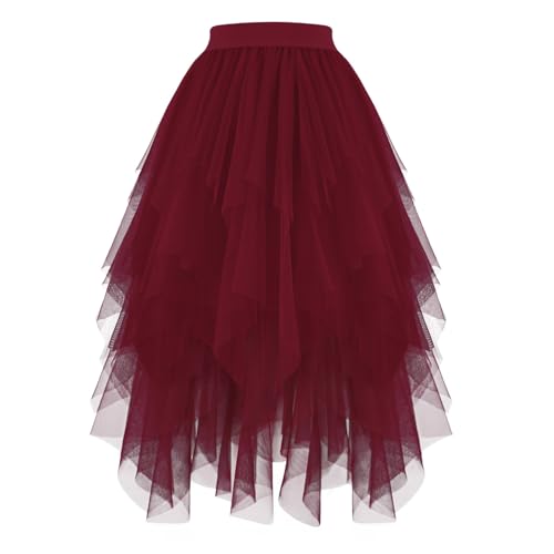 JasGood Damen Tüllrock High Low Layered Unregelmäßig Tüll Rock Damen A-Linie Midirock Ballett Tutu Abschlussball Karneval Party Rock,Rotwein,S von JasGood