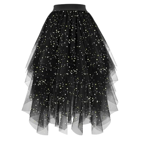 JasGood Damen Tüllrock High Low Layered Unregelmäßig Tüll Rock Damen A-Linie Midirock Ballett Tutu Abschlussball Karneval Party Rock,Schwarz+Pailletten,L von JasGood