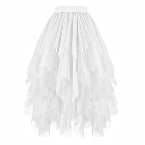JasGood Damen Tüllrock High Low Layered Unregelmäßig Tüll Rock Damen A-Linie Midirock Ballett Tutu Abschlussball Karneval Party Rock,Weiß,S von JasGood