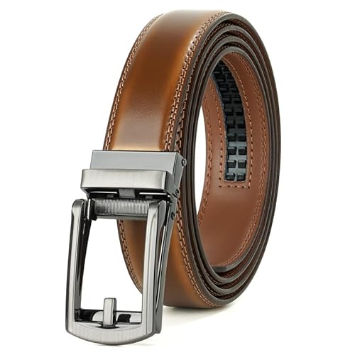 JasGood Herren Ledergürtel Automatische Ratsche Gürtel für Herren Leder Gürtel 33mm Breit mit Verstellbarer Automatische Schnalle für Anzug Geschäft Lässig,Braun,145cm von JasGood