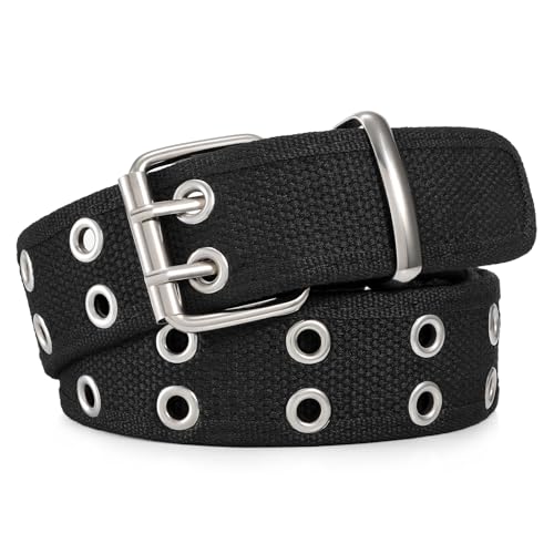 JasGood Nietengürtel Doppelloch Tülle Leinwand Arbeitsgürtel für Herren Damen Unisex Lässiger Webgürtel Stoffgürtel Schwarz Gürtel für Jeans Pants,Schwarz,120cm von JasGood