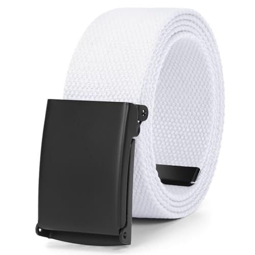 JasGood Unisesx Webgürtel Herren Damen Leinwand Arbeitsgürtel Frei Verstellbarer Flip-Top Webgürtel Silber Militärschnalle für Geschäft Sport Lässig,Weiß,120cm von JasGood