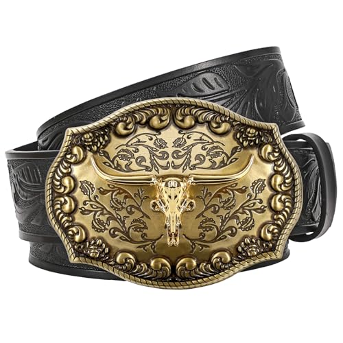 JasGood Western Leder Cowboy Gürtel für Herren Damen Longhorn Schnalle Cowgirl Gürtel Floral gravierte geprägte Vintage Unisex Gürtel für Jeans von JasGood