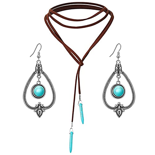 Jascatin Bohemian Türkis Samt Choker Halskette Ohrringe Set Lange Anhänger Halskette Suede Collar Pullover Kette für Frauen, Taglia unica, Metall, Kein Edelstein von Jascatin