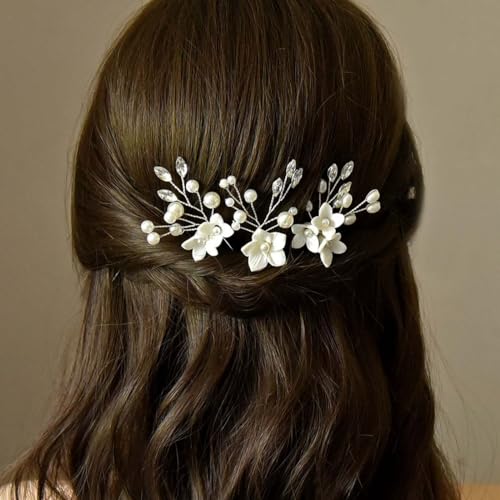 Jascatin Braut Hochzeit Blume Pin Haar Silber Kristall Bridal Stücke Braut Haar Zubehör Perle Bridal Clips für Frauen und Mädchen 3er Pack von Jascatin