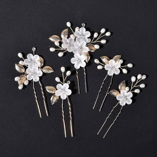 Jascatin Braut Pins Braut Haar Blume Stücke Braut Haar Accessoires Braut Perle Brauthaarclips für Frauen und Mädchen 5er Pack (Gold) von Jascatin