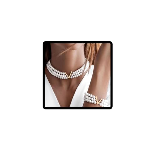 Jascatin Gold Layered Pearl Choker Necklace Bracelet Set Pendant Necklaces V-shaped Collar for Women, Metall von Jascatin