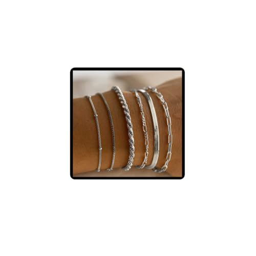 Jascatin Layered 6PCS Metall Kette Armbänder Stapeln Armband Metall Hand Kette Armbänder Set für Frauen (Silber) von Jascatin