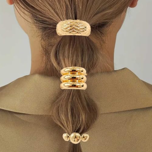 Jascatin Metall Haarspangen Metall Geometrische Elastische Krawatten für Haare Dicke Haare Gold Manschetten Pferdeschwanz Krawatten für Frauen Haarschmuck 3PCS von Jascatin