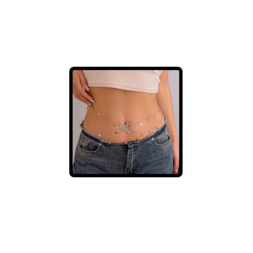 Jascatin Mode Doppellagige Schmetterling Rave Metallkette Taillenkette Gürtel verstellbar Silber Bauch Körperkette für Frauen von Jascatin