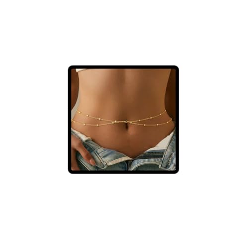 Jascatin Mode Doppelschicht Perlen Kristall Rave Metallkette Taille Kette Gürtel verstellbare Bauch Körperkette für Frauen (Gold A) von Jascatin