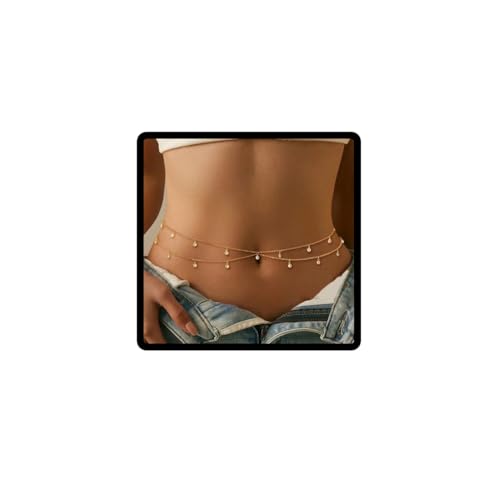 Jascatin Mode Doppelschicht Perlen Kristall Rave Metallkette Taille Kette Gürtel verstellbare Bauch Körperkette für Frauen (Gold B) von Jascatin