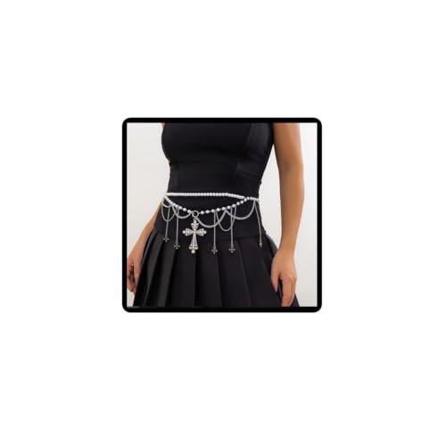 Jascatin Modische doppellagige Quaste Kreuz Perle Taillenkette Gürtel verstellbare Metallglieder Bauch Körperkette für Frauen, Einheitsgröße, Metalllegierung, Kein Edelstein von Jascatin