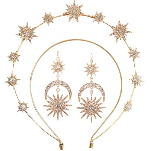 Jascatin Strass Halo Krone Stirnband Layered Gold Star Krone Stirnbänder Göttin Halo Perle Krone Kostüm Boho Braut Hochzeit Party Headpiece für Frauen und Mädchen (A) von Jascatin