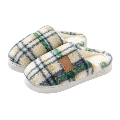 Jaskdconsy Damen Hausschuhe mit überkreuzten Riemen | Weiche Plüsch-Pantoffeln mit Karomuster für Zuhause | Offene und flauschige Schlappen für das ganze Jahr von Jaskdconsy