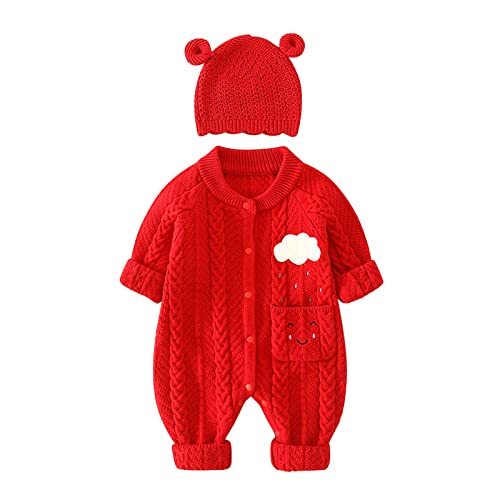 Jaskdconsy Neugeborenes Baby gestrickter Strampler Baumwolle Langarm Junge Mädchen Pullover Kleidung Baby Overall Ohr Hut Outfits Set Baby Sachen 62 Jungen (Red, 0-3 Months) von Jaskdconsy