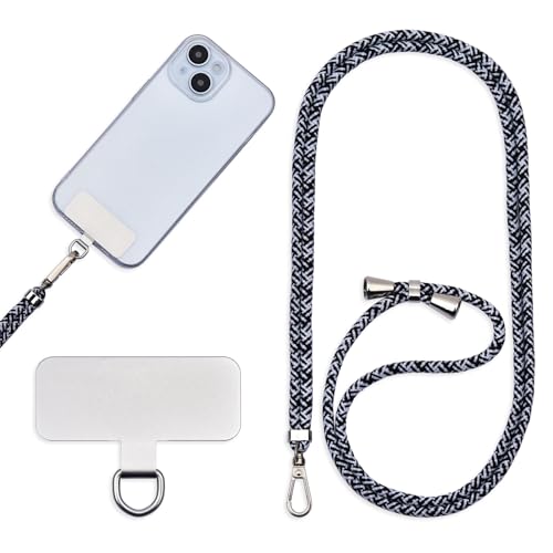 Jaslongri Handykette Universal, Handy Lanyard, Hanging around the neck or diagonally spanning, with a metal patch and adjustable and detachable rope. (Schwarz gemischt mit Weiß) von Jaslongri