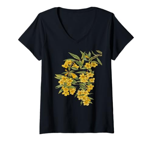 Damen Gelber Jasmin Vintage Botanische Vektor-Illustration T-Shirt mit V-Ausschnitt Damen Gelber Jasmin Vintage Botanische Vektor-Illustration T-Shirt mit V-Ausschnitt von Jasmine Flower Gifts & Spring Blossom Tees taiche